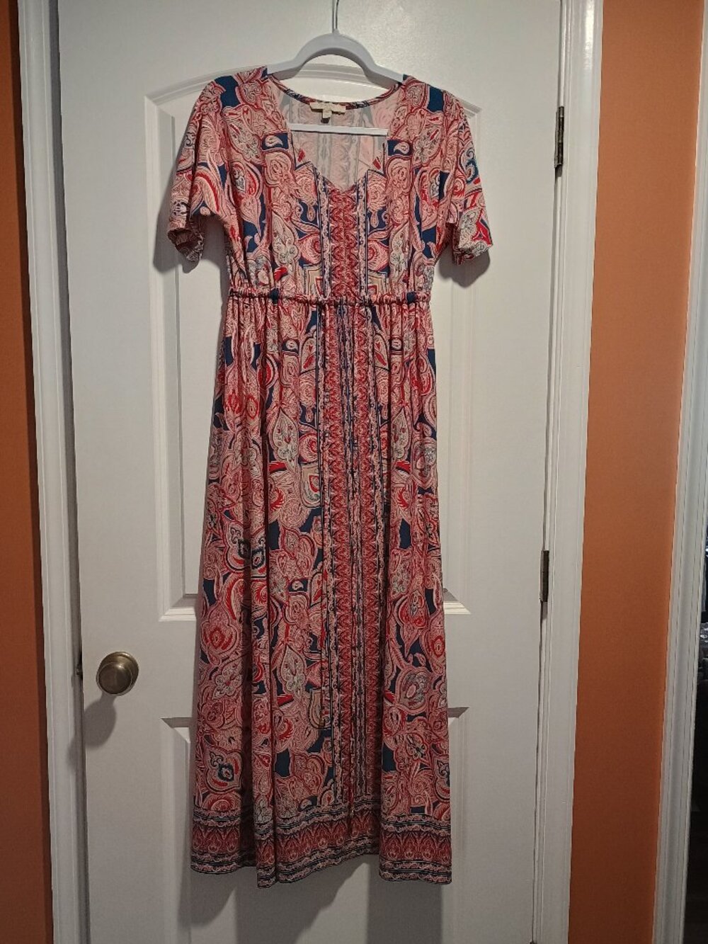 Red, Blue, and Tan Patterned Maxi Dress